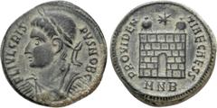 Roman Imperial Coins CRISPUS (Caesar, 316-326). Follis. Nicomedia. Obv: FL IVL CRISPVS NOB C. Laureate, draped and cuirassed bust left. Rev: PROVIDENTIAE CAESS / MNB. Camp gate, with two turrets and o