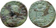 Roman Imperial Coins CRISPUS (Caesar, 316-326). Follis. Treveri. Obv: IVL CRISPVS NOB CAES. Laureate and cuirassed bust left, holding spear and shield. Rev: BEATA TRANQVILLITAS / STR •. Globus set upo