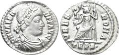 Roman Imperial Coins VALENS (364-378). Siliqua. Treveri. Obv: D N VALENS P F AVG. Diademed, draped and cuirassed bust right. Rev: VRBS ROMA / TRPS•. Roma seated left on throne, holding victoriola and 