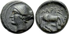 Greek Coins THESSALY. Larissa. Chalkous (3rd century BC). Obv: Head of the nymph Larissa left, with hair tied in bun at the back. Rev: ΛΑΡΙΣ / AΙΩΝ. Horse right, about to roll; small Δ to right. BCD T