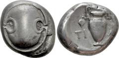 Greek Coins BOEOTIA. Thebes. Stater (Circa 395-338 BC) Timi-, magistrate. Obv: Boeotian shield. Rev: TI - M[I]. Amphora, ivy leaf hanging from left handle; above, [club right]. BCD Boiotia 477; HGC 4,
