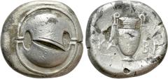 Greek Coins BOEOTIA. Thebes. Stater (395-338 BC). Kabi-, magistrate. Obv: Boeotian shield. Rev: KA-BI. Amphora. BCD Boiotia 539; HGC 4, 1333. Condition: Near very fine. Weight: 10.39 g. Diameter: 22 m