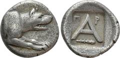 Greek Coins ARGOLIS. Argos. Triobol (Circa 330-270 BC). Obv: Forepart of wolf at bay to right. Rev: Large A; Π-P above, club right below. BCD Peloponnesos 1083.4 var. (club left); HGC 5, 668. Conditio