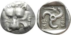 Greek Coins DYNASTS OF LYCIA. Mithrapata (Circa 390-370 BC). Diobol. Obv: Facing scalp of lion. Rev: MEΘPA. Triskeles. Control: Dolphin; all within incuse square. Müseler VII, 76-7 var. (legend). Cond