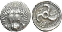Greek Coins DYNASTS OF LYCIA. Trbbenimi (Circa 390-370 BC). Tetrobol. Uncertain mint. Obv: Facing scalp of lion. Rev: Triskeles within incuse circle. Müseler VIII.25-7 var. (rev. legend); SNG von Aulo