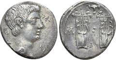 Roman Provincial Coins LYCIA. Lycian League. Augustus (27 BC-14 AD). Drachm. Masicytes. Obv: Λ - V. Bare head right. Rev: M - A. Two lyres; plectrum above. RPC I 3309c; Troxell 119. Condition: Near ve