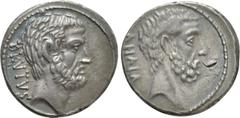 Roman Republican Coins Q. SERVILIUS CAEPIO (M. JUNIUS) BRUTUS. Denarius (54 BC). Rome. Obv: BRVTVS. Bare head of L. Junius Brutus right. Rev: AHALA. Bare head of C. Servilius Ahala right. Crawford 433