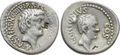Roman Republican Coins MARK ANTONY & LUCIUS ANTONY. Denarius (41 BC). L. Cocceius Nerva, quaestor pro praetore. Military mint moving with Marc Antony. Obv: M ANT IMP AVG III VIR R P C M NERVA PRO Q P.