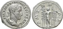 Roman Imperial Coins MAXIMINUS THRAX (235-238). Denarius. Rome. Obv: IMP MAXIMINVS PIVS AVG. Laureate, draped and cuirassed bust right. Rev: P M TR P P P. Maximinus standing left, raising hand and hol