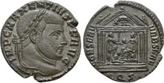 Roman Imperial Coins MAXENTIUS (307-312). Follis. Aquileia. Obv: IMP C MAXENTIVS P F AVG. Laureate head right. Rev: CONSERV VRB SVAE / AQ S. Roma seated left on shield, holding spear and presenting gl