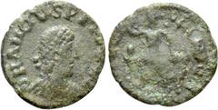 Roman Imperial Coins AVITUS (455-456). Ae. Rome. Obv: D N AVITVS P[...]. Diademed, draped and cuirassed bust right. Rev: Victory advancing left, holding trophy and dragging captive(?); chi-rho(?) in l