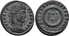 Roman Imperial Coins CRISPUS (Caesar, 316-326). Follis. Siscia. Obv: IVL CRISPVS NOB C. Laureate head right. Rev: CAESARVM NOSTRORVM / ASIS (star). VOT / V in two lines within wreath. RIC 161. Conditi