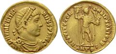 Roman Imperial Coins VALENTINIAN I (364-375). GOLD Solidus. Antioch. Obv: D N VALENTINIANVS P F AVG. Diademed, draped and cuirassed bust right. Rev: RESTITVTOR REIPVBLICAE / •ANTΘ•. Valentinian standi