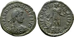 Roman Imperial Coins VALENTINIAN I (364-375). Follis. Siscia. Obv: D N VALENTIANVS (sic) IVN P F AVG. Diademed, draped and cuirassed bust right. Rev: REPARATIO REI PVB / B SISC. Emperor standing facin