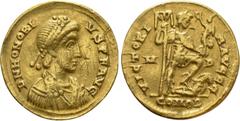Roman Imperial Coins HONORIUS (393-423). GOLD Solidus. Mediolanum. Obv: D N HONORIVS P F AVG. Diademed, draped and cuirassed bust right. Rev: VICTORIA AVGGG / M - D / COMOB. Honorius standing right, w