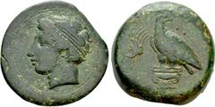 Greek Coins SICILY. Akragas. Ae Hemilitron (Circa 400-380 BC). Obv: AKPAΓAΣ. Horned head of young river god Akragas left, wearing tainia. Rev: Eagle standing left on Ionic capital, head right; crab to