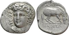 Greek Coins THESSALY. Larissa. Drachm (Circa 356-342 BC). Obv: Head of the nymph Larissa facing slightly left, with hair in ampyx. Rev: ΛΑΡΙΣ / AIΩΝ. Horse crouching right, preparing to roll. BCD Thes