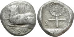 Greek Coins CYPRUS. Salamis. Uncertain king (Circa 5th century BC). Stater. Obv: Recumbent ram left; Cypriot legend above and below. Rev: Ankh; Cypriot legend around; all within incuse square. Cf. BMC