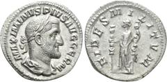 Roman Imperial Coins MAXIMINUS THRAX (235-238). Denarius. Rome. Obv: MAXIMINVS PIVS AVG GERM. Laureate, draped and cuirassed bust right. Rev: FIDES MILITVM. Fides standing left, holding signum in each