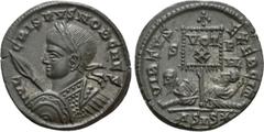 Roman Imperial Coins CRISPUS (Caesar, 316-326). Follis. Siscia. Obv: IVL CRISPVS NOB CAES. Laureate and cuirassed bust left, holding spear and shield. Rev: VIRTVS EXERCIT / S F HL / ΔSIS (star). Two c
