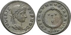Roman Imperial Coins CRISPUS (Caesar, 316-326). Follis. Siscia. Obv: IVL CRISPVS NOB C. Laureate head right. Rev: CAESARVM NOSTRORVM / ASIS (star). VOT / V in two lines within wreath. RIC 161. Conditi