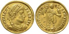 Roman Imperial Coins VALENS (364-378). GOLD Solidus. Antioch. Obv: D N VALENS PER F AVG. Diademed, draped and cuirassed bust right. Rev: RESTITVTOR REIPVBLICAE / ANTB•. Valentinian standing facing, he
