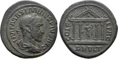 Roman Provincial Coins THRACE. Deultum. Maximinus Thrax (235-238). Ae. Obv: IMP MAXIMINVS PIVS AVG. Laureate, draped and cuirassed bust right. Rev: COL FL PAC / DEVLT. Tetrastyle temple, with pellet i