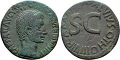Roman Imperial Coins AUGUSTUS (27 BC-14 AD). As. Rome; M. Salvius Otho, moneyer. Obv: CAESAR AVGVST PONT MAX TRIBVNIC POT. Bare head right. Rev: M SALVIVS OTHO III VIR A A A F F. Large S C. RIC² 431. 
