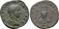 Roman Imperial Coins GORDIAN III (Caesar, 238). Sestertius. Rome. Obv: M ANT GORDIANVS CAES. Bareheaded and draped bust right. Rev: PIETAS AVGG / S C. Emblems of the pontificate: lituus, secespita, pa