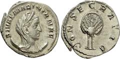Roman Imperial Coins DIVA MARINIANA (Died before 253). Antoninianus. Rome. Obv: DIVAE MARINIANAE. Veiled, diademed and draped bust right, set on crescent. Rev: CONSECRATIO. Peacock standing facing, he