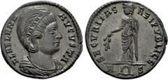 Roman Imperial Coins HELENA (Augusta, 324-328/30). Follis. Rome. Obv: FL HELENA AVGVSTA. Diademed and draped bust right. Rev: SECVRITAS REIPVBLICE / R (wreath) S. Securitas standing left, holding bran