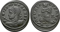 Roman Imperial Coins CRISPUS (Caesar, 316-326). Follis. Rome. Obv: CRISPVS NOB CAES. Laureate, draped and cuirassed bust left, holding shield and spear. Rev: ROMAE AETERNAE / P - R / R Q. Roma seated 