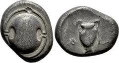 Greek Coins BOEOTIA. Thebes. Stater (Circa 368-364 BC). Klion-(?), magistrate. Obv: Boeotian shield. Rev: ]Λ - IΩ. Amphora within incuse circle. Cf. BCD Boiotia 531; HGC 4, 1332. Condition: Near very 