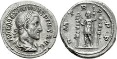 Roman Imperial Coins MAXIMINUS THRAX (235-238). Denarius. Rome. Obv: IMP MAXIMINVS PIVS AVG. Laureate, draped and cuirassed bust right. Rev: P M TR P P P. Maximinus standing left, raising hand and hol