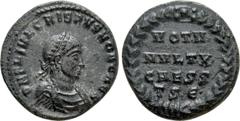 Roman Imperial Coins CRISPUS (Caesar, 316-326). Follis. Thessalonica. Obv: D N FL IVL CRISPVS NOB CAES. Laureate, draped and cuirassed bust right. Rev: VOT V / MVLT X / CAESS / TS Є. Legend in four li