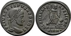 Roman Imperial Coins CRISPUS (Caesar, 316-326). Follis. Sirmium. Obv: FL IVL CRISPVS NOB CAES. Laureate head right. Rev: ALAMANNIA DEVICTA / • SIRM •. Victory advancing right, holding trophy and palm 