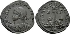 Roman Imperial Coins CRISPUS (Caesar, 316-326). Follis. Aquileia. Obv: CRISPVS NOB CAES. Laureate and cuirassed bust left, holding shield and spear. Rev: VIRTVS EXERCIT / S - F / AQT. Vexillum inscrib