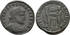 Roman Imperial Coins CRISPUS (Caesar, 317-326). Follis. Siscia. Obv: IVL CRISPVS NOB CAESAR. Laureate, draped and cuirassed bust right. Rev: VICTORIAE LAETAE PRINC PERP / Є SIS•. Two Victories standin