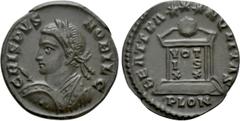 Roman Imperial Coins CRISPUS (Caesar, 316-326). Follis. Londinium. Obv: CRISPVS NOBIL C. Laureate and cuirassed bust left, holding spear and shield. Rev: BEAT TRANQLITAS / P LON. Globe set on altar in
