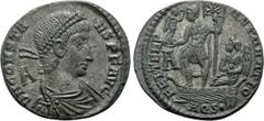 Roman Imperial Coins CONSTANS (337-350). Ae. Aquileia. Obv: D N CONSTANS P F AVG. Diademed, draped and cuirassed bust right. Rev: FEL TEMP REPARATIO / A / AQS •. Constans standing left in galley, hold