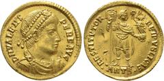 Roman Imperial Coins VALENS (364-378). GOLD Solidus. Antioch. Obv: D N VALENS PER F AVG. Diademed, draped and cuirassed bust right. Rev: RESTITVTOR REIPVBLICAE / ANTB•. Valentinian standing facing, he