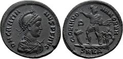 Roman Imperial Coins GRATIAN (367-383). Ae. Cyzicus. Obv: D N GRATIANVS P F AVG. Diademed, helmeted, draped and cuirassed bust right, holding spear and shield. Rev: GLORIA ROMANORVM / SMKA. Emperor st