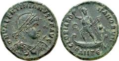 Roman Imperial Coins VALENTINIAN II (375-392). Ae. Antioch. Obv: D N VALENTINIANVS P F AVG. Helmeted, diademed, draped and cuirassed bust right, holding shield and spear. Rev: GLORIA ROMANORVM / ANTЄ.