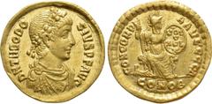 Roman Imperial Coins THEODOSIUS I (379-395). GOLD Solidus. Constantinople. Obv: D N THEODOSIVS P F AVG. Diademed, draped and cuirassed bust right. Rev: CONCORDIA AVGGGG Δ / CONOB. Constantinopolis sea