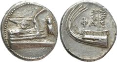 Greek Coins LYCIA. Phaselis. Stater (4th century BC). Obv: Prow of galley right, decorated with gorgoneion. Control: Upward cicada to right. Rev: ΦΑΣ. Stern of galley left, with wreath hanging from po