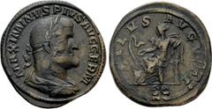 Roman Imperial Coins MAXIMINUS THRAX (235-238). Sestertius. Rome. Obv: MAXIMINVS PIVS AVG GERM. Laureate, draped and cuirassed bust right. Rev: SALVS AVGVSTI / S C. Salus seated left on throne, feedin