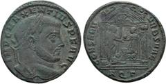 Roman Imperial Coins MAXENTIUS (307-312). Follis. Aquileia. Obv: IMP C MAXENTIVS P F AVG. Laureate head right. Rev: CONSERV VRB SVAE / AQ Γ. Roma seated left on shield, holding spear and presenting gl