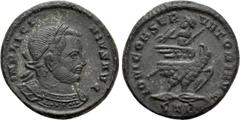 Roman Imperial Coins LICINIUS I (308-324). Follis. Treveri. Obv: IMP LICINIVS AVG. Laureate and cuirassed bust right. Rev: IOVI CONSERVATORI AVG / STR. Licinius, holding thunderbolt and sceptre, seate