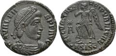 Roman Imperial Coins VALENS (364-378). Follis. Siscia. Obv: D N VALENS P F AVG. Diademed, draped and cuirassed bust right. Rev: SECVRITAS REI PVBLICAE / (star) / A/ •A SISC. Victory advancing left wit