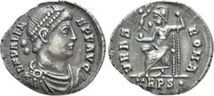 Roman Imperial Coins VALENS (364-378). Siliqua. Treveri. Obv: D N VALENS P F AVG. Diademed, draped and cuirassed bust right. Rev: VRBS ROMA / TRPS•. Roma seated left on throne, holding victoriola and 